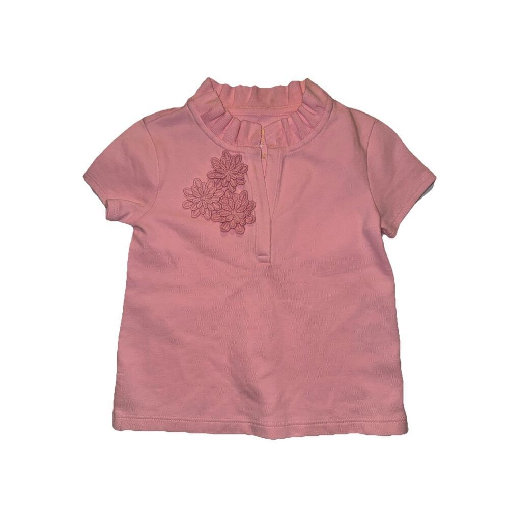 Lilly Pulitzer Girls Pink Top XS 2-3 Ruffle Neck Floral Embroidered